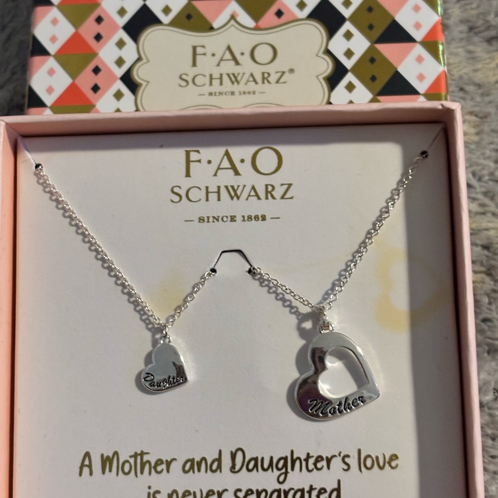 FAO Schwarz Silver Plated Heart Necklace Set for Mother and Daughter